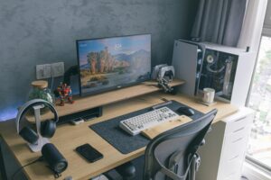 home office picture with desk and microphone